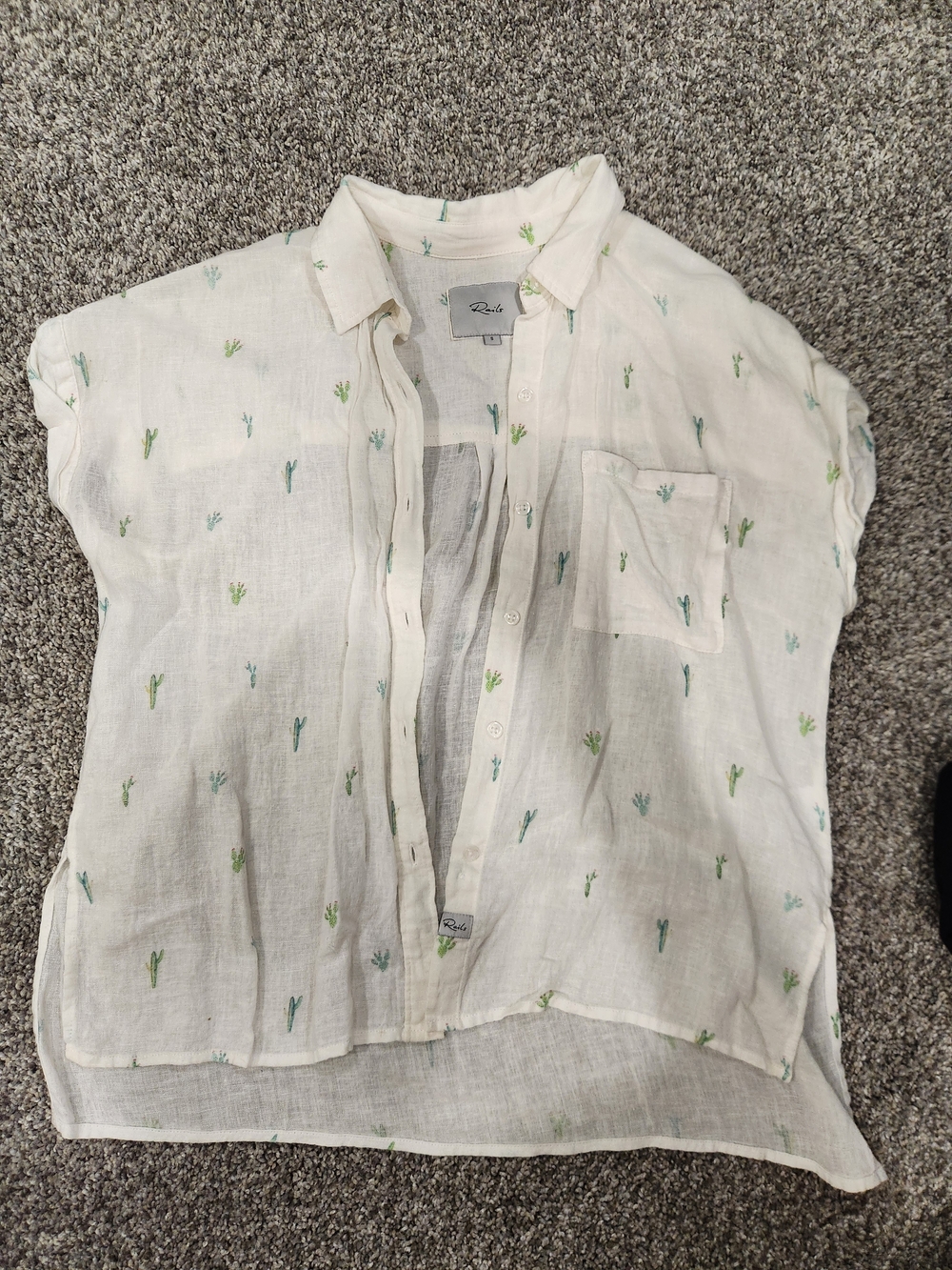 Rails White Short-Sleeve Button Shirt with Green Cactus Embroidery